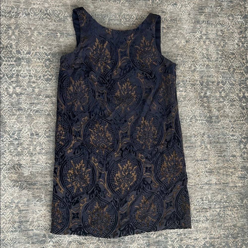 LOFT Navy and Gold Brocade Dress